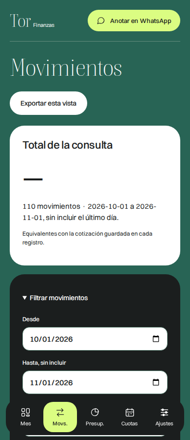 Vista móvil de Movimientos con filtros y navegación inferior. La captura usa datos sintéticos de ejemplo.